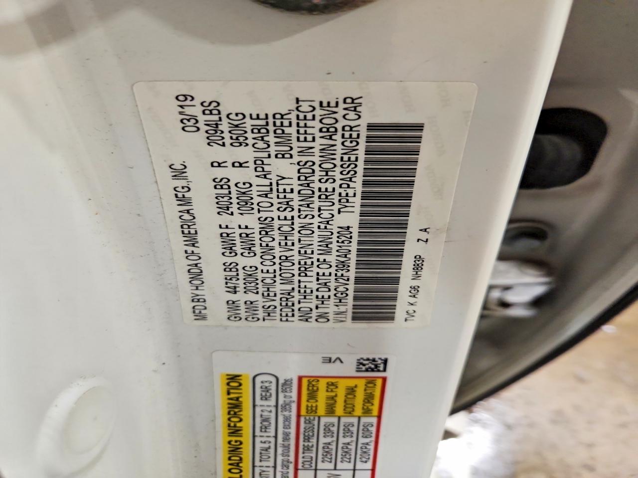 2019 HONDA ACCORD