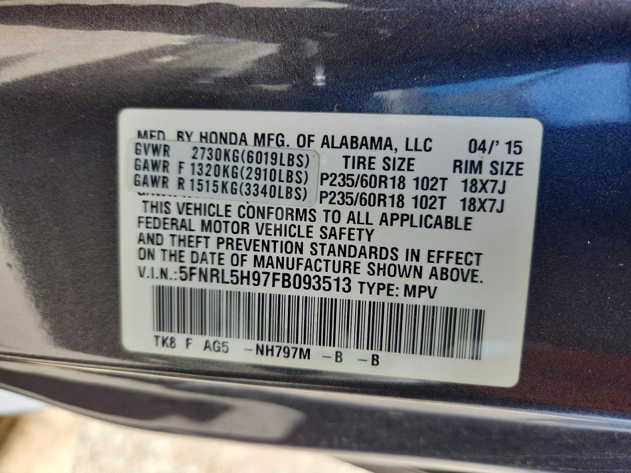 2015 HONDA ODYSSEY