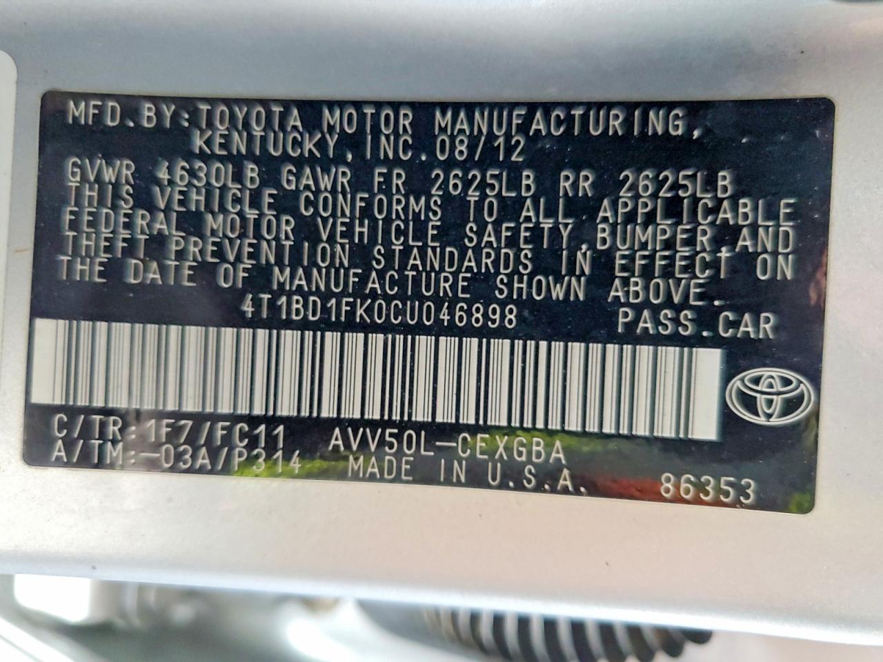 2012 TOYOTA CAMRY SOLA