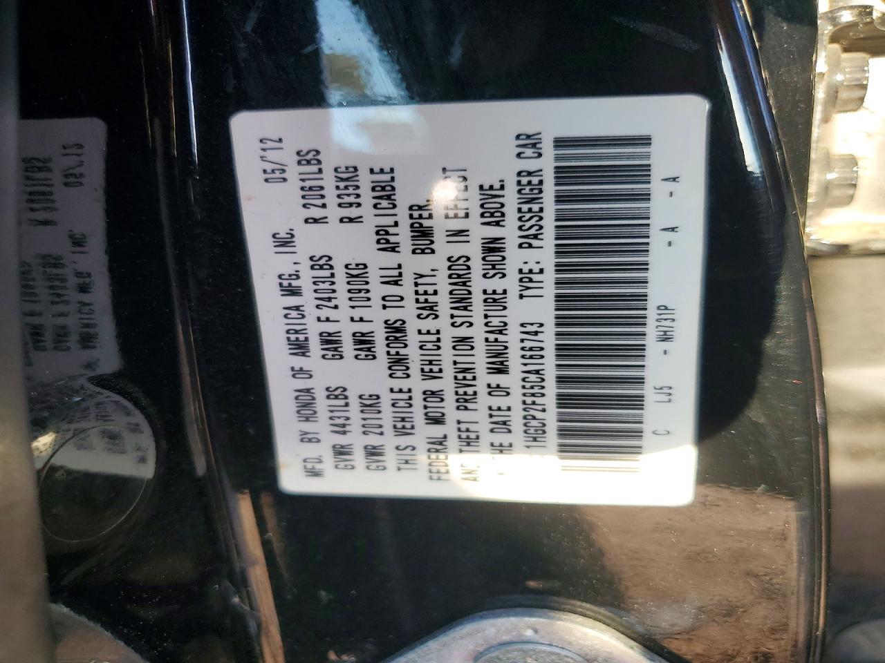 2012 HONDA ACCORD