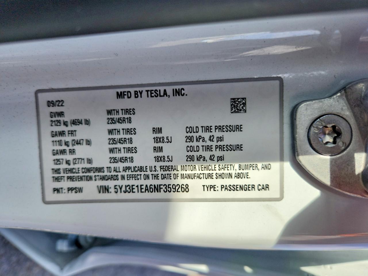2022 TESLA MODEL 3