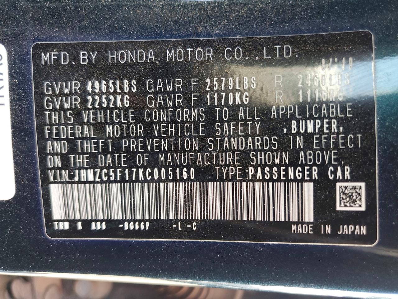 2019 HONDA CLARITY