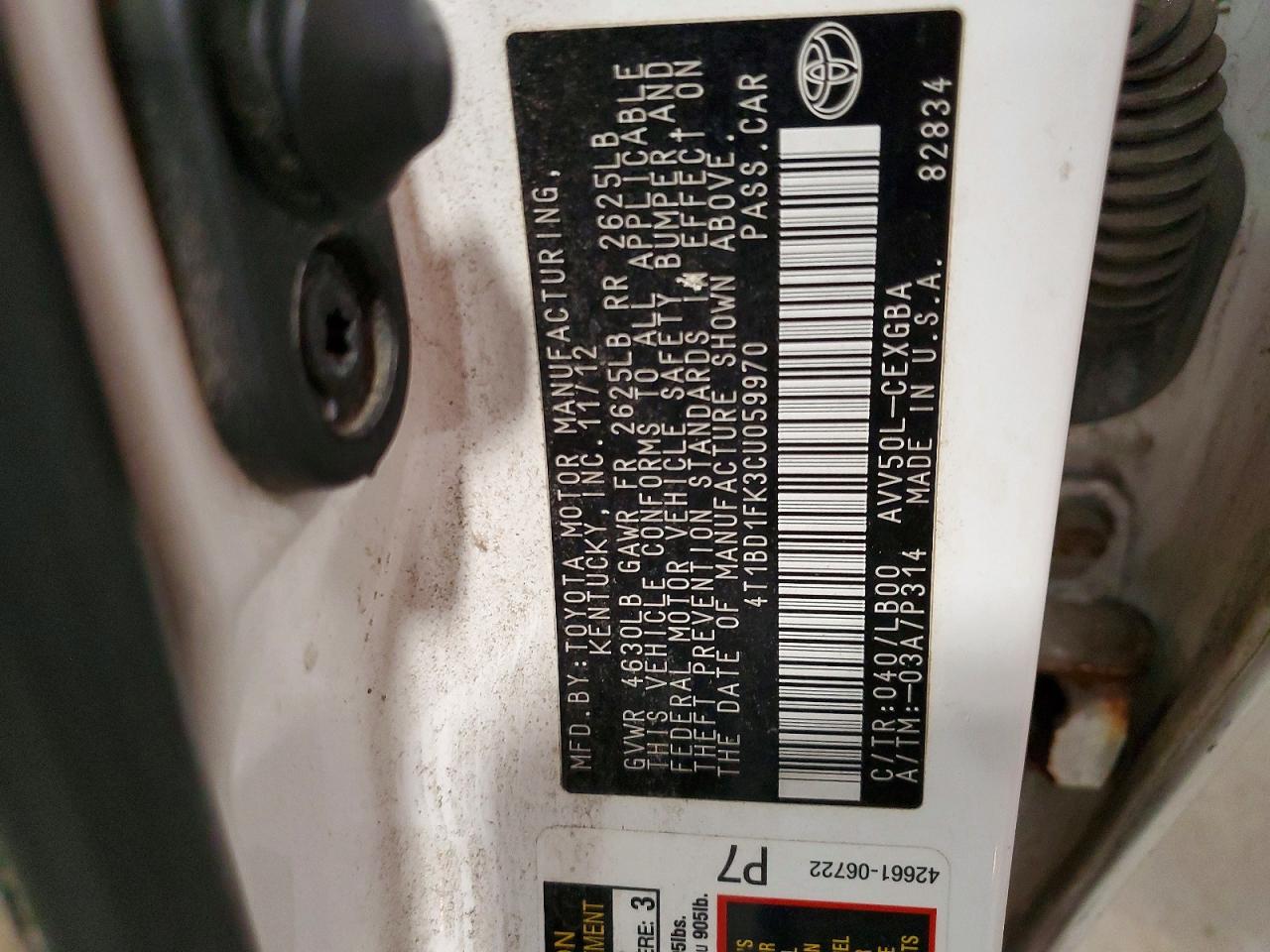 2012 TOYOTA CAMRY SOLA