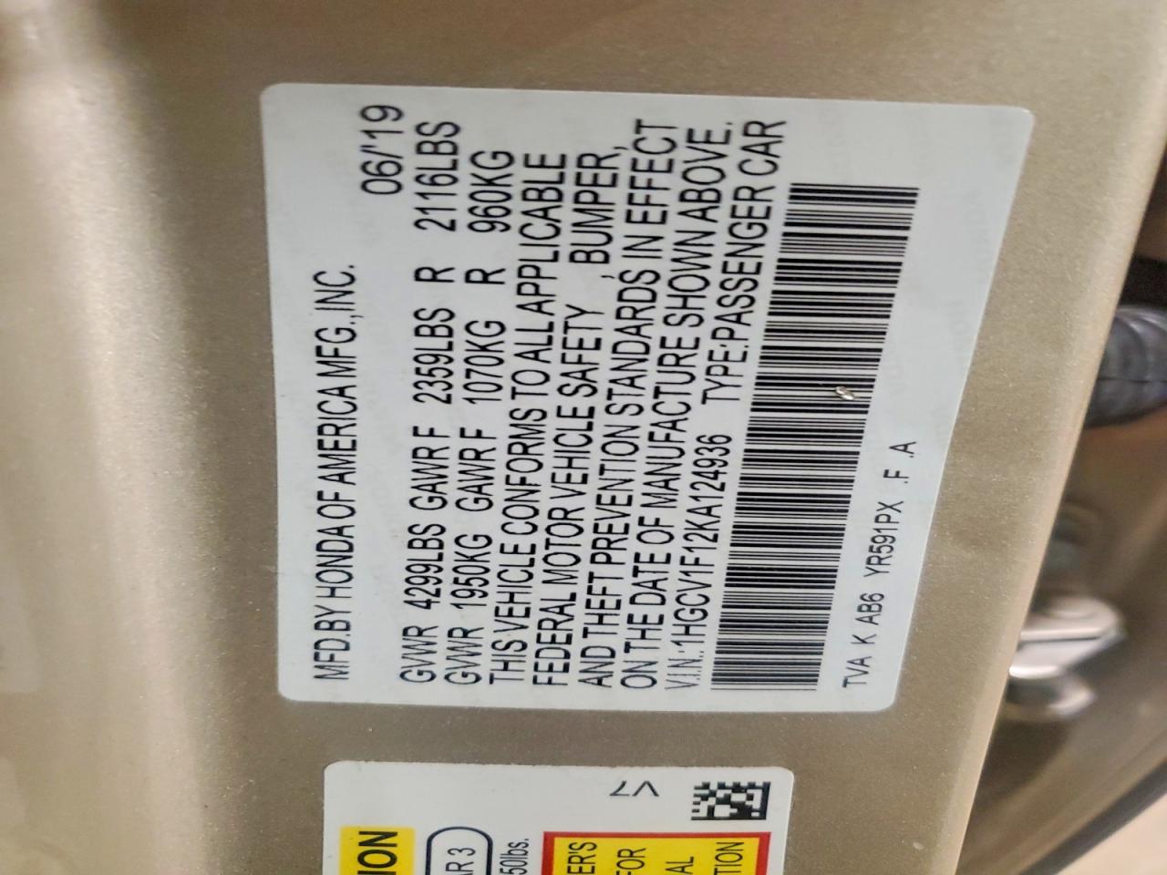 2019 HONDA ACCORD