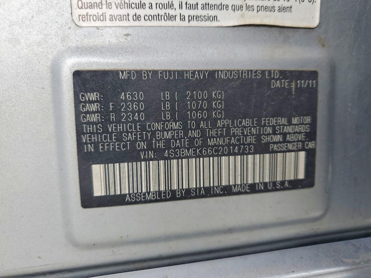 2012 SUBARU LEGACY 3.6