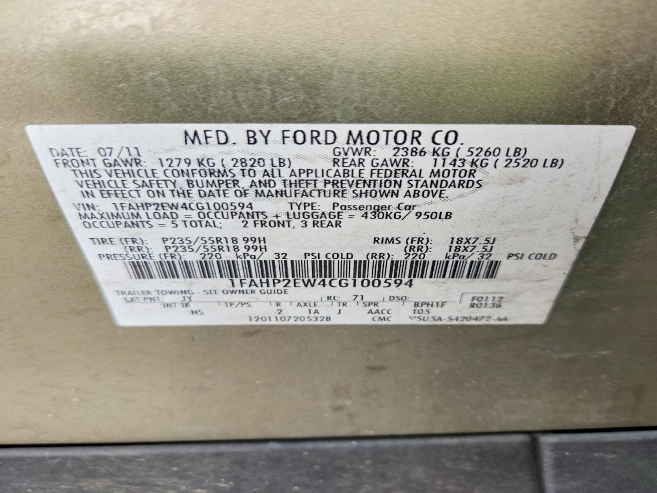 2012 FORD TAURUS