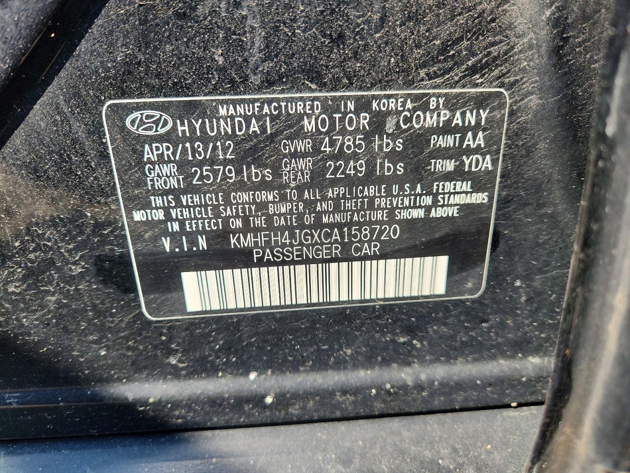 2012 HYUNDAI AZERA