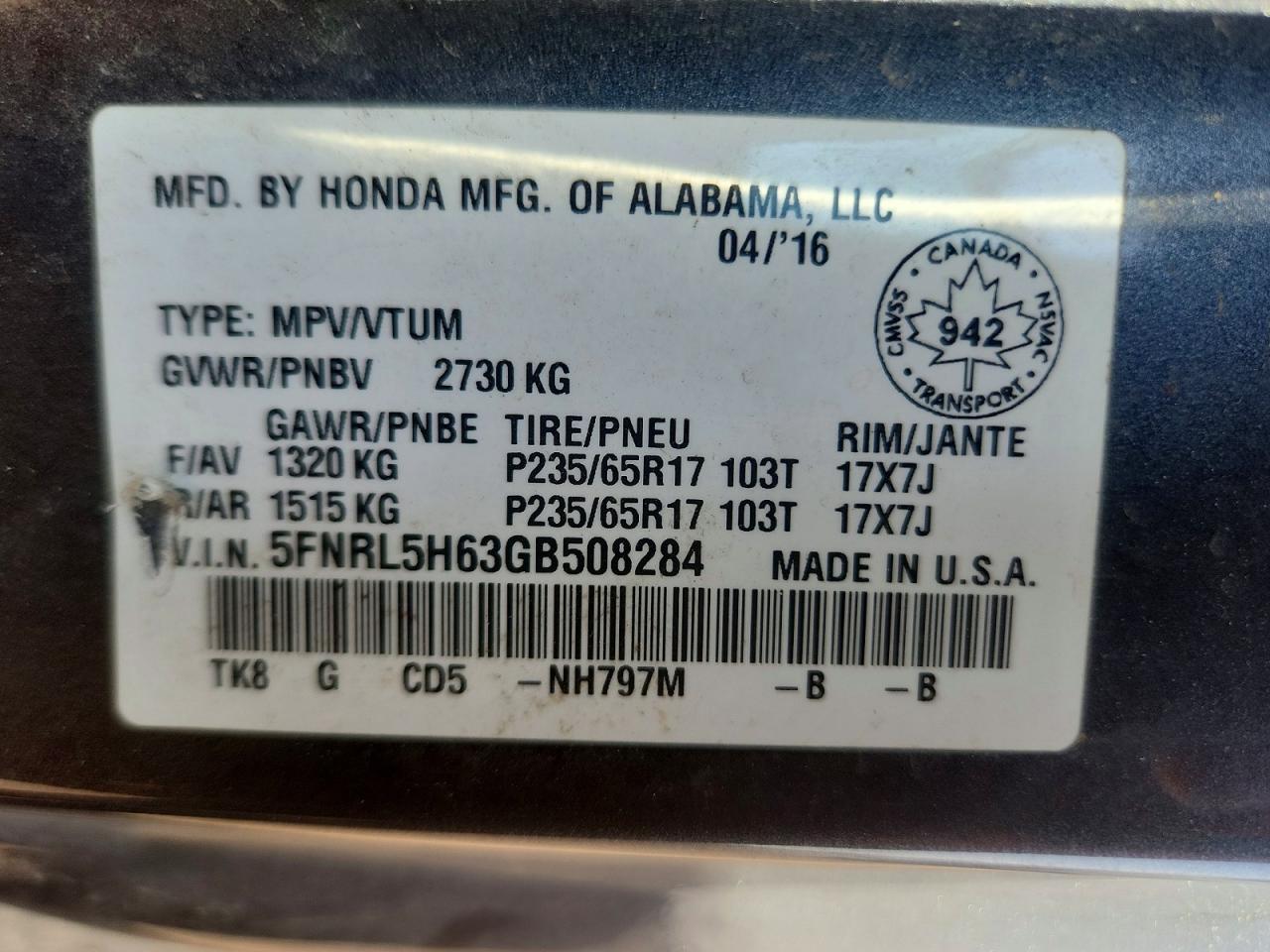 2016 HONDA ODYSSEY