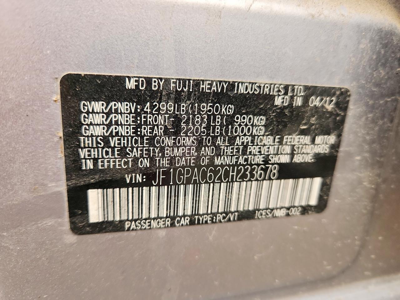 2012 SUBARU IMPREZA