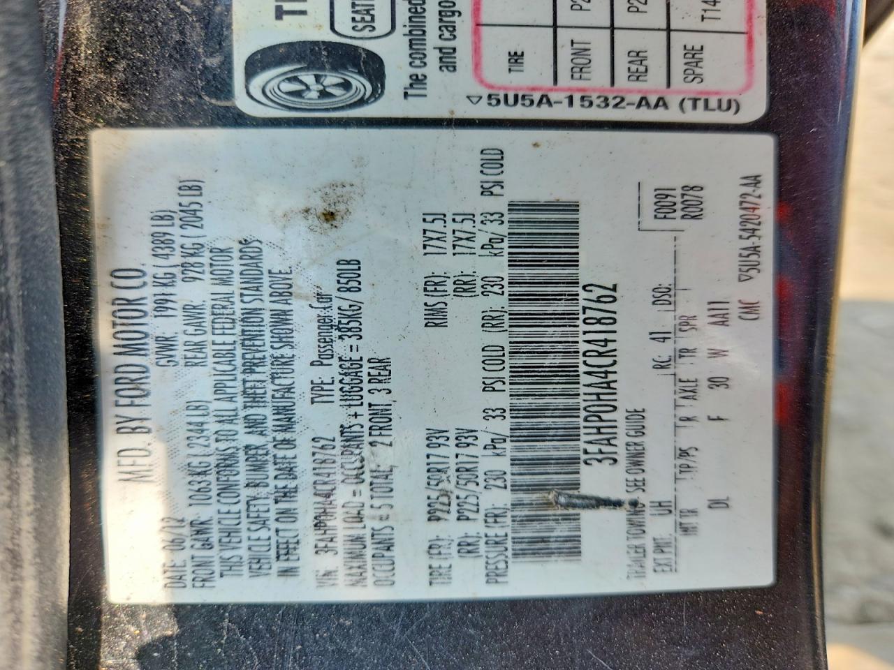 2012 FORD FUSION