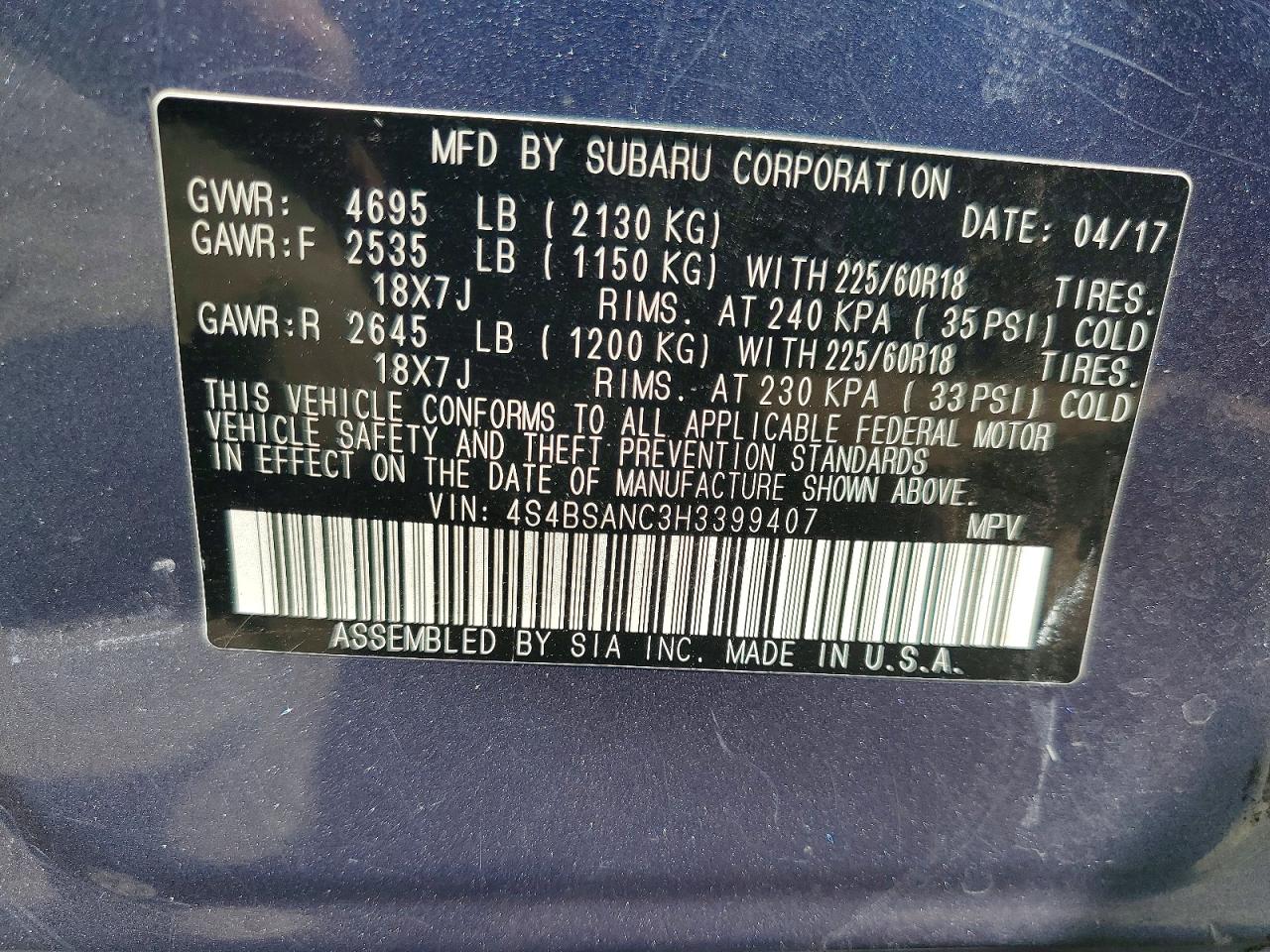 2017 SUBARU OUTBACK