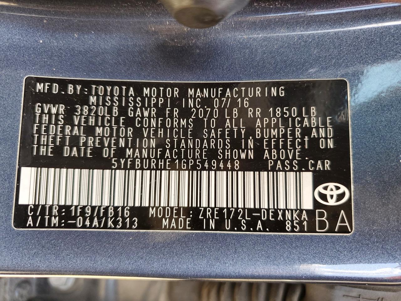 2016 TOYOTA COROLLA