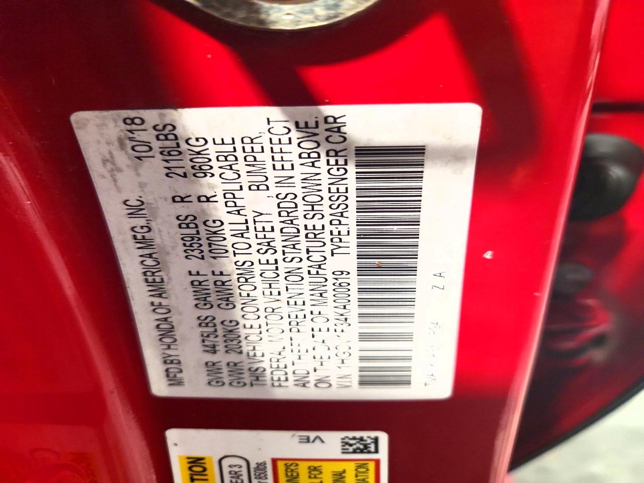 2019 HONDA ACCORD