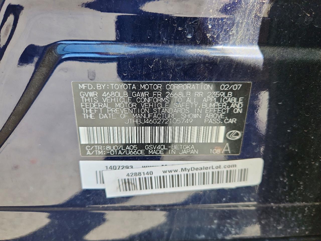 2007 LEXUS ES350