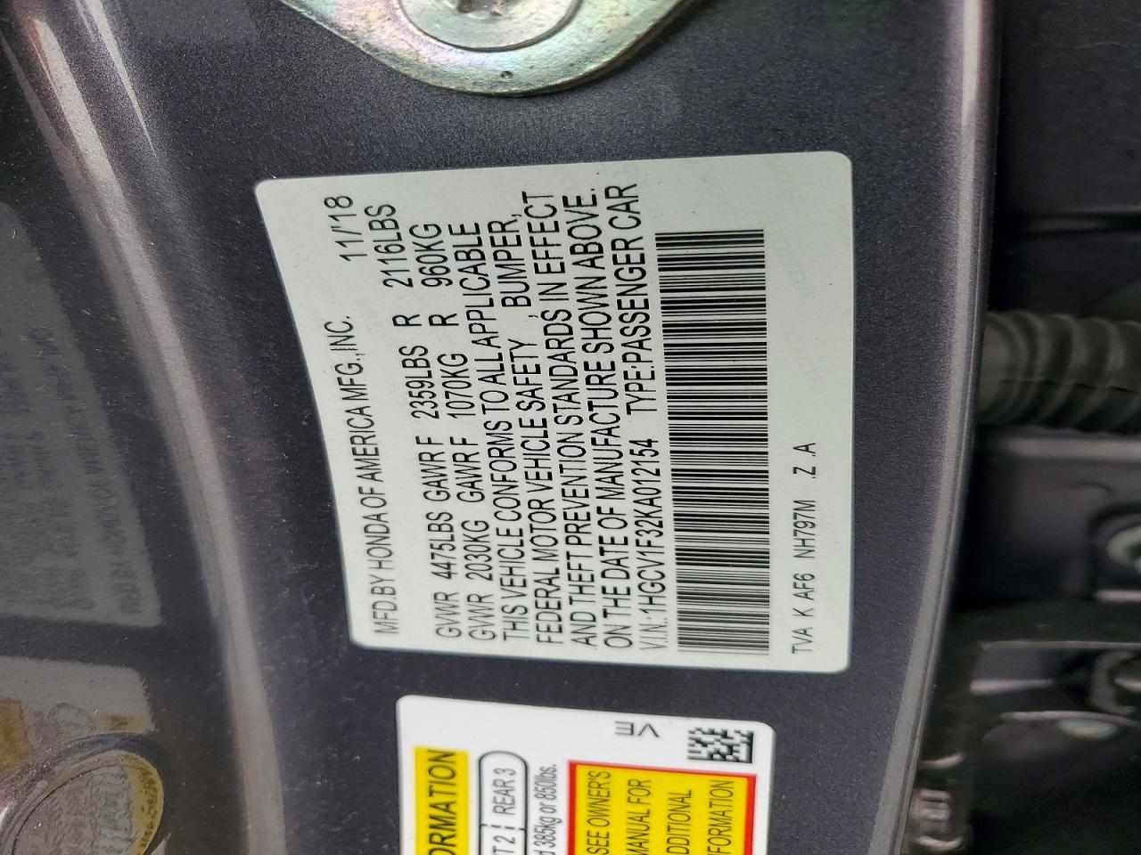 2019 HONDA ACCORD