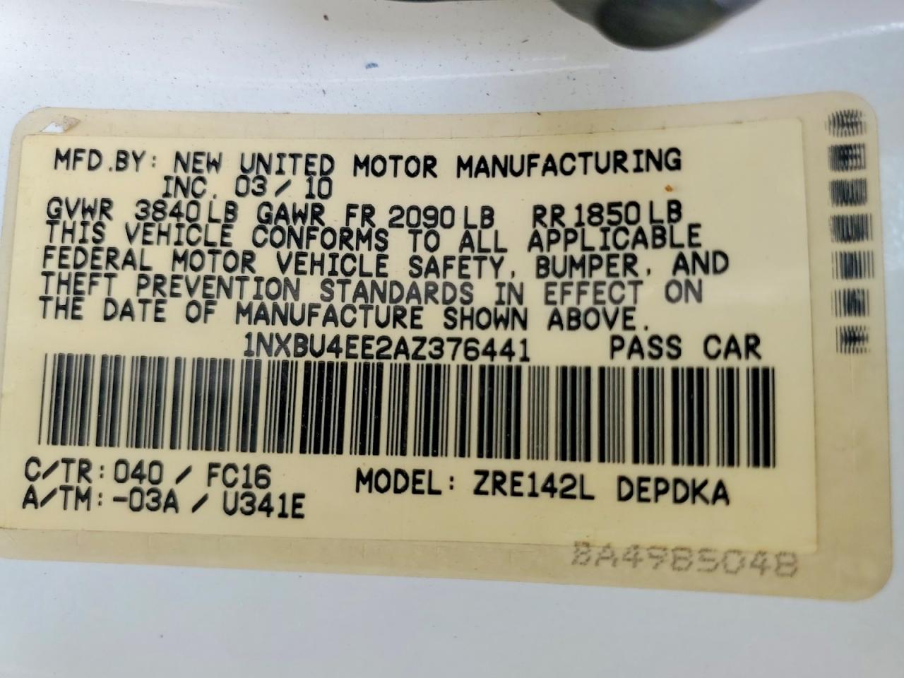 2010 TOYOTA COROLLA