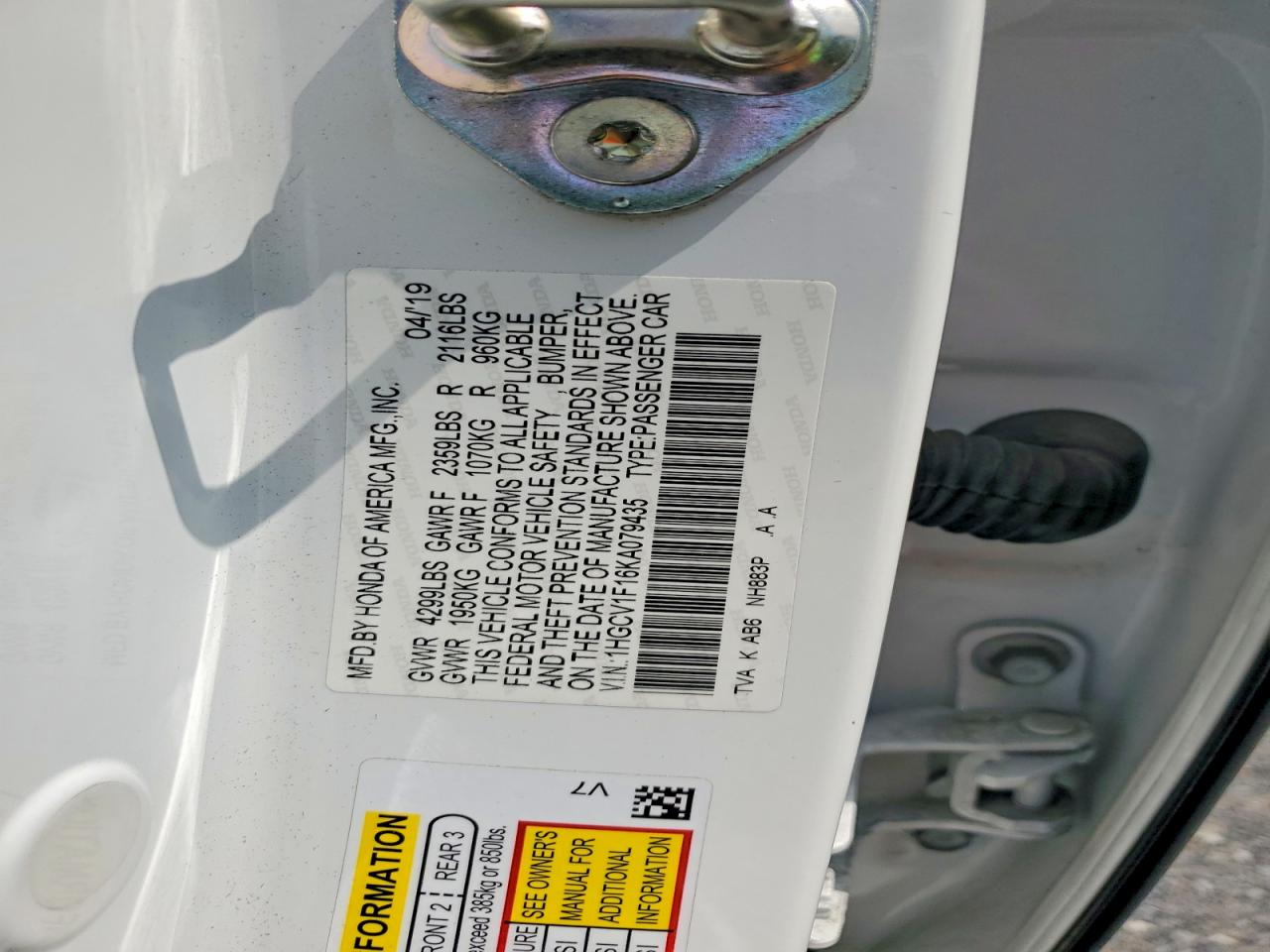 2019 HONDA ACCORD