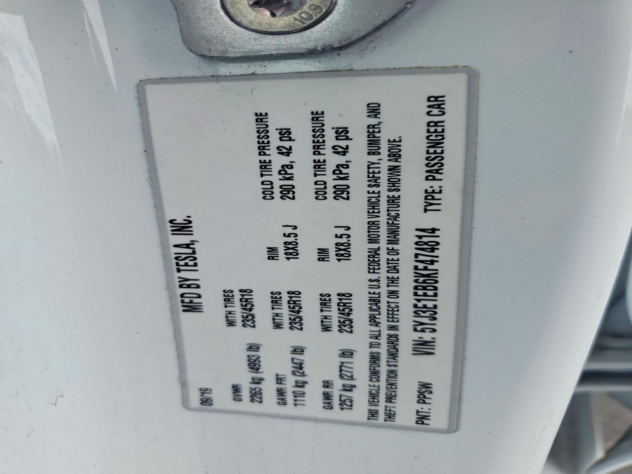 2019 TESLA MODEL 3