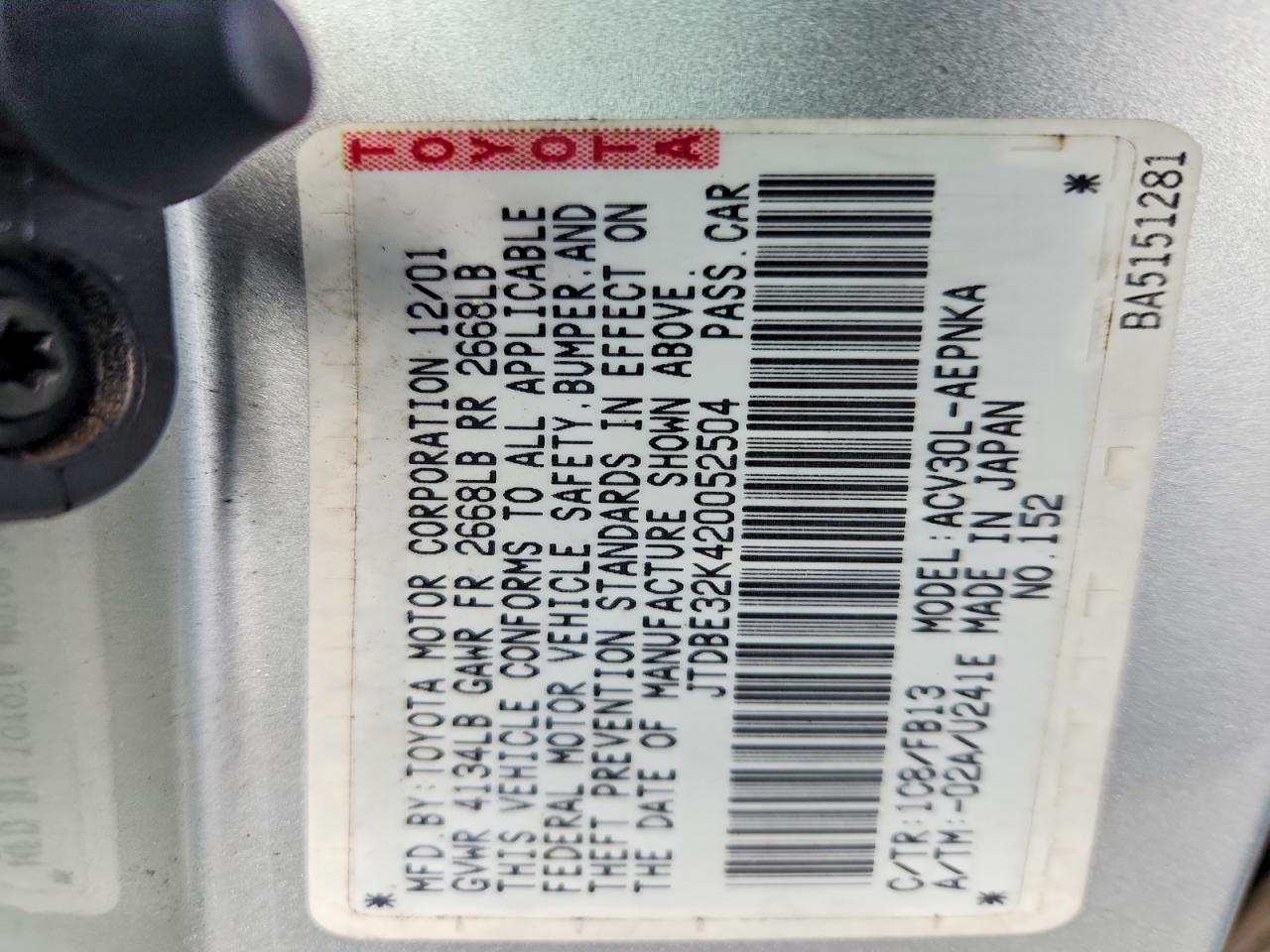 2002 TOYOTA CAMRY