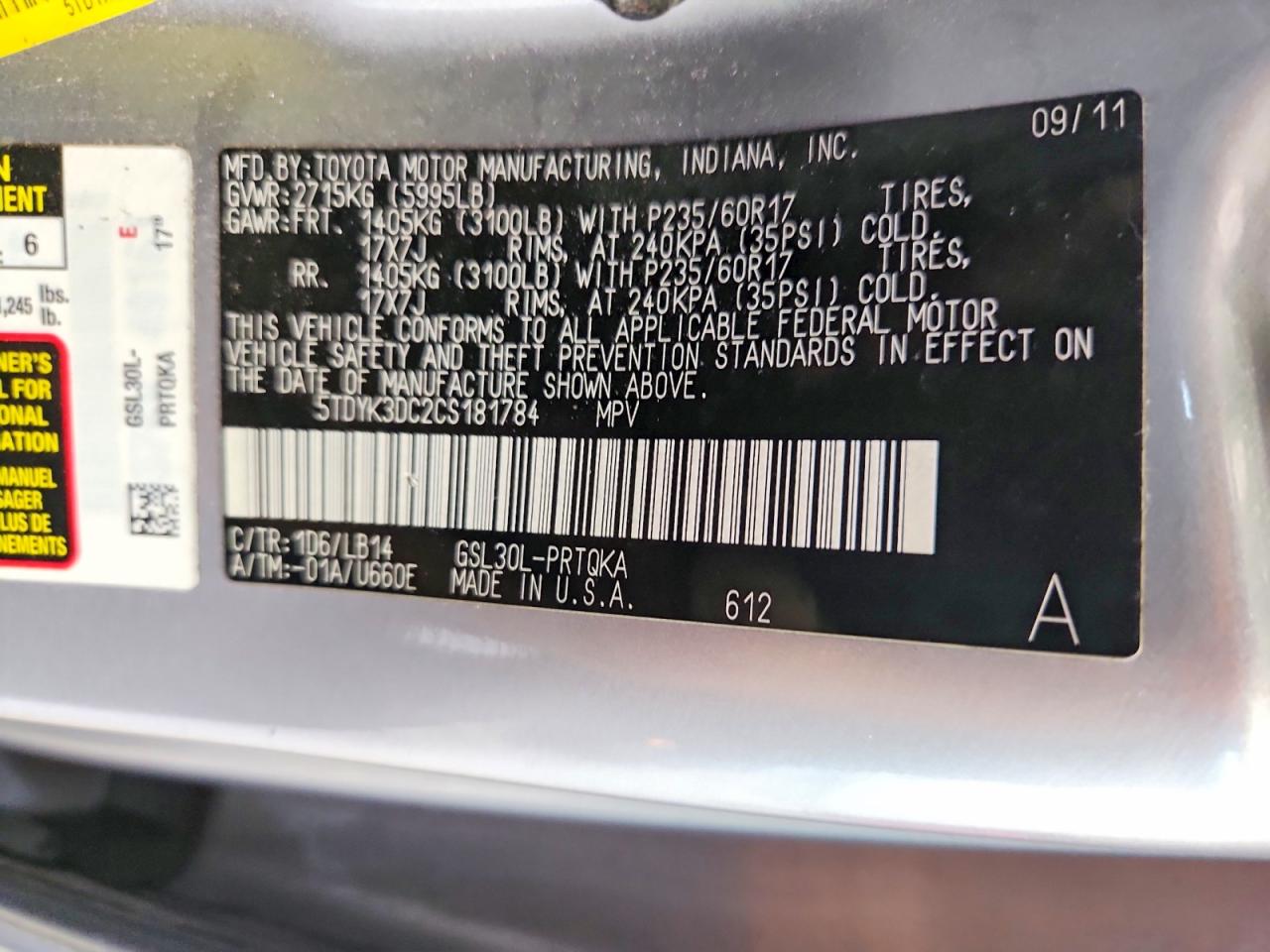 2012 TOYOTA SIENNA
