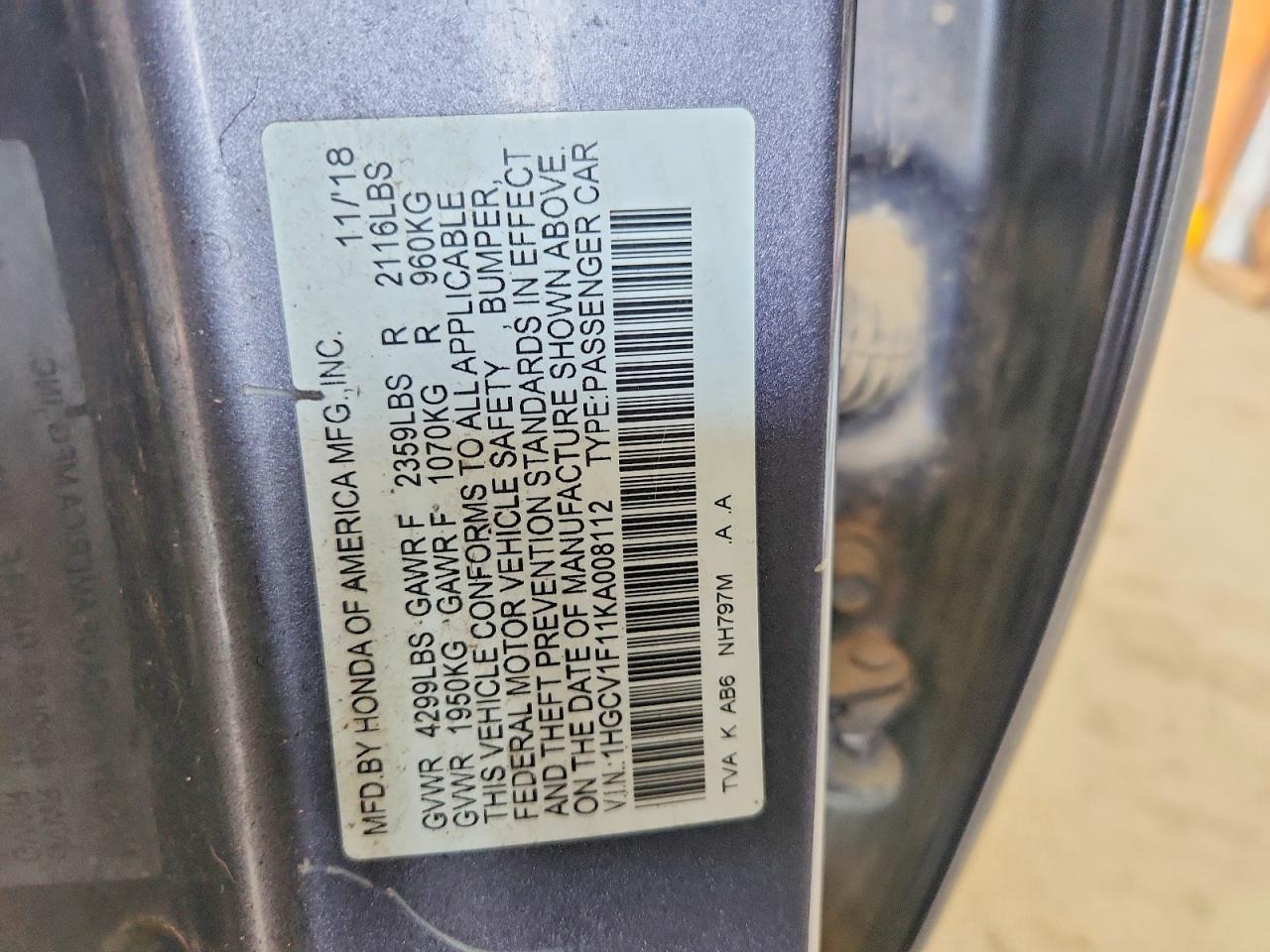 2019 HONDA ACCORD