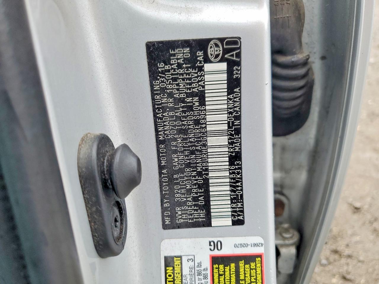 2016 TOYOTA COROLLA