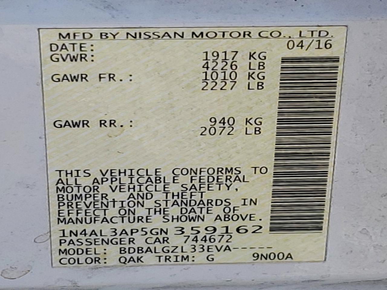 2016 NISSAN ALTIMA