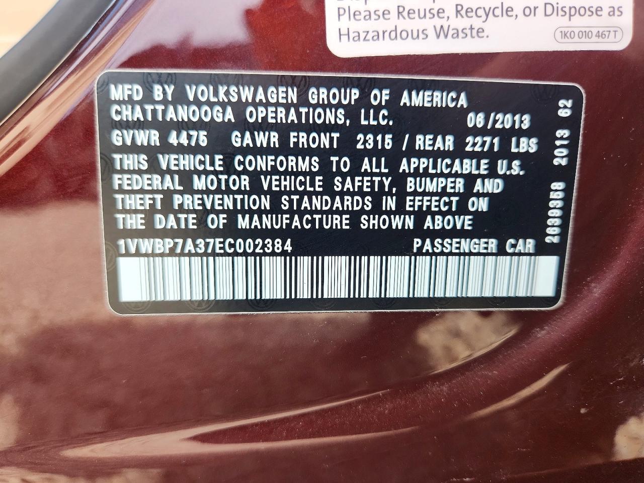 2014 VOLKSWAGEN PASSAT