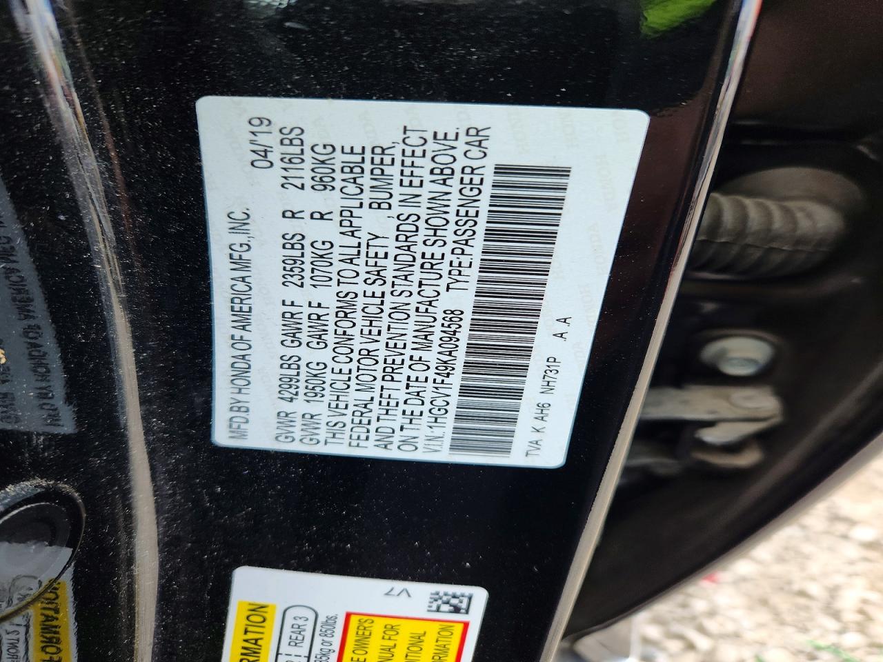 2019 HONDA ACCORD