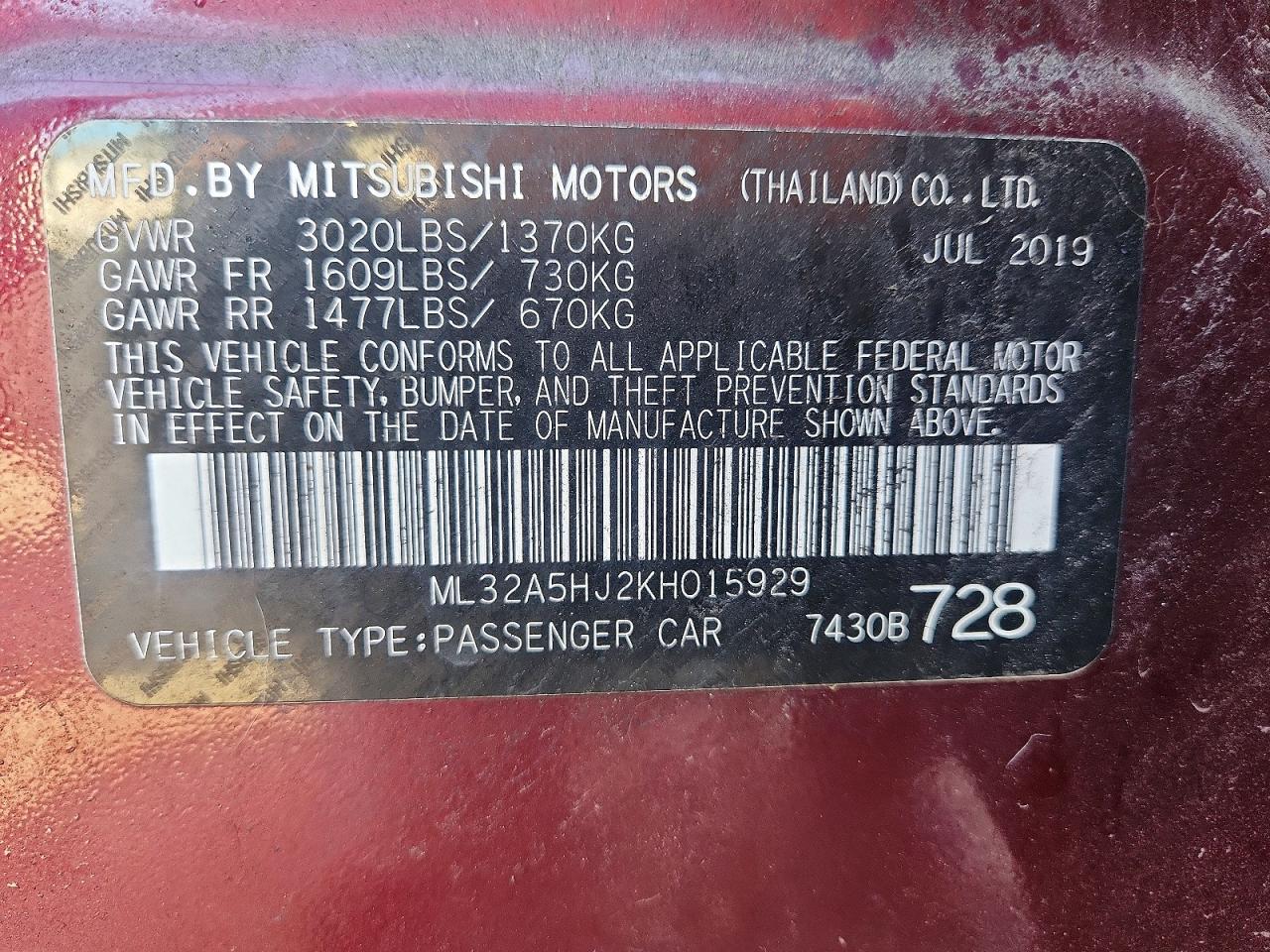 2019 MITSUBISHI MIRAGE