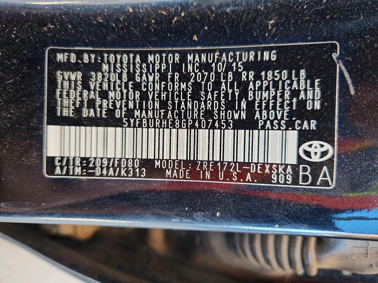 2016 TOYOTA COROLLA