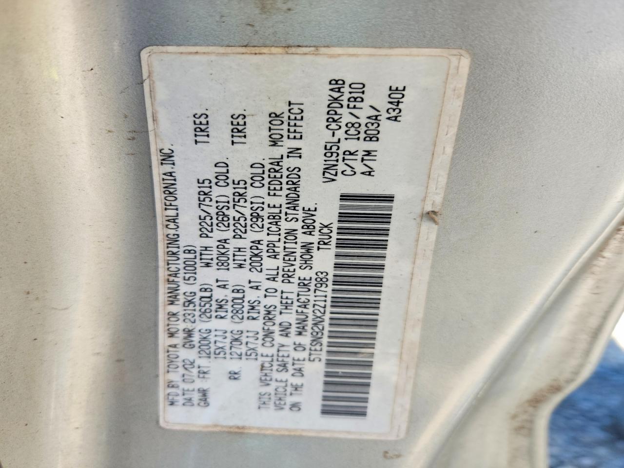 2002 TOYOTA TACOMA