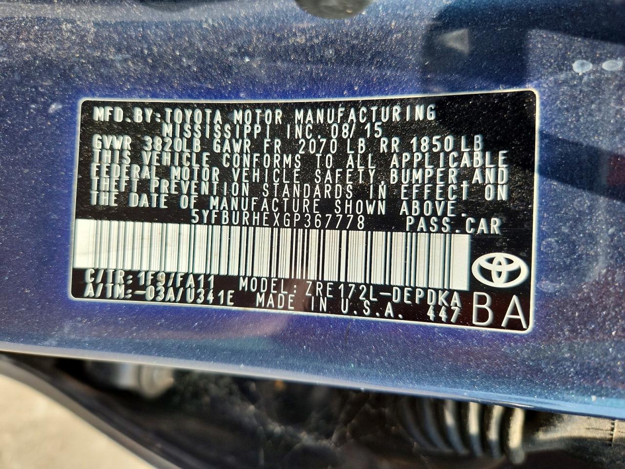 2016 TOYOTA COROLLA
