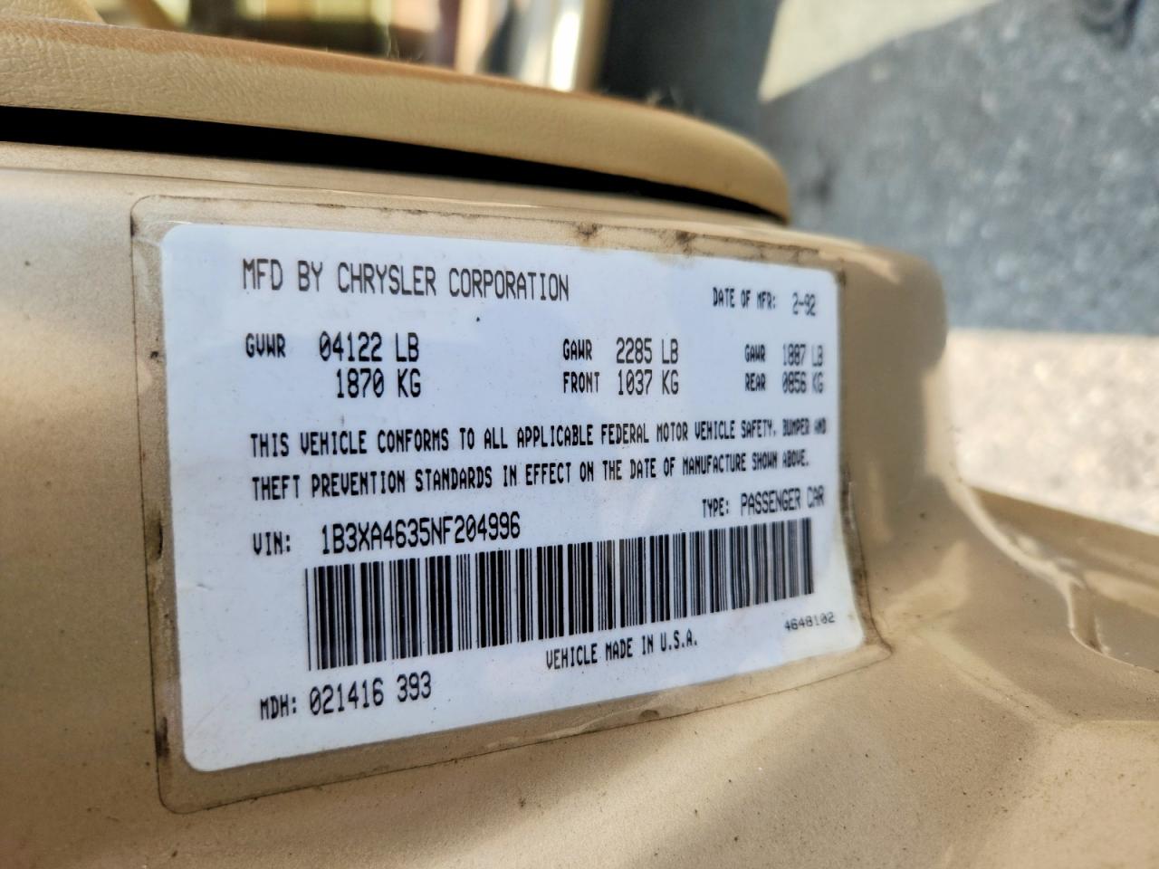 1992 DODGE SPIRIT