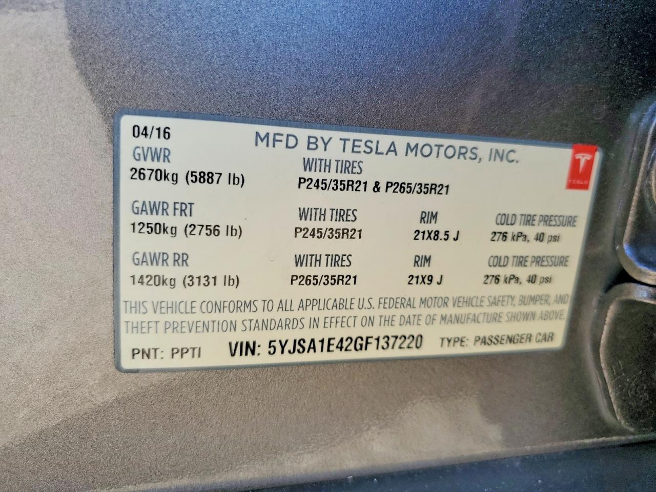 2016 TESLA MODEL S