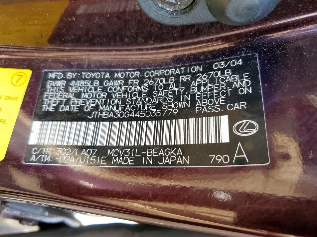 2004 LEXUS ES330