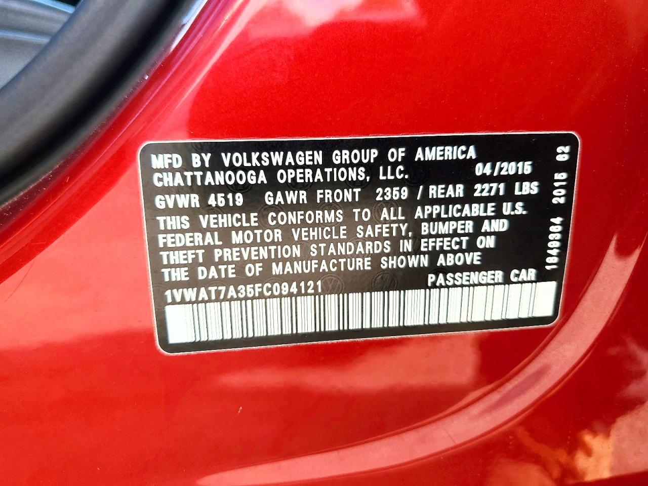 2015 VOLKSWAGEN PASSAT