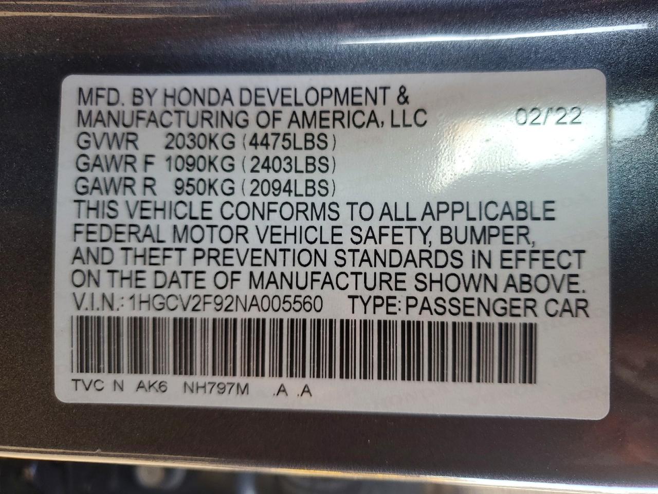 2022 HONDA ACCORD