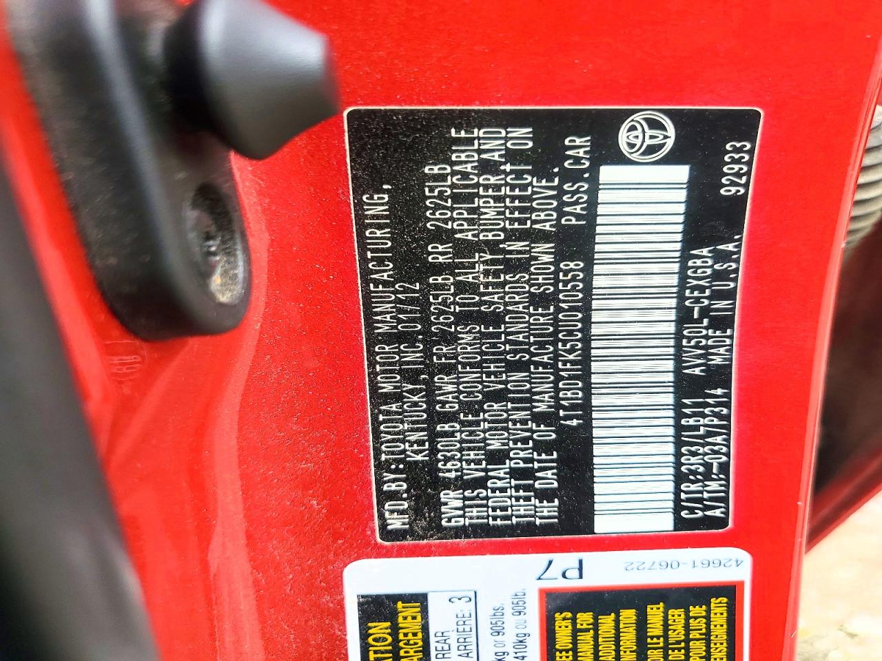 2012 TOYOTA CAMRY SOLA
