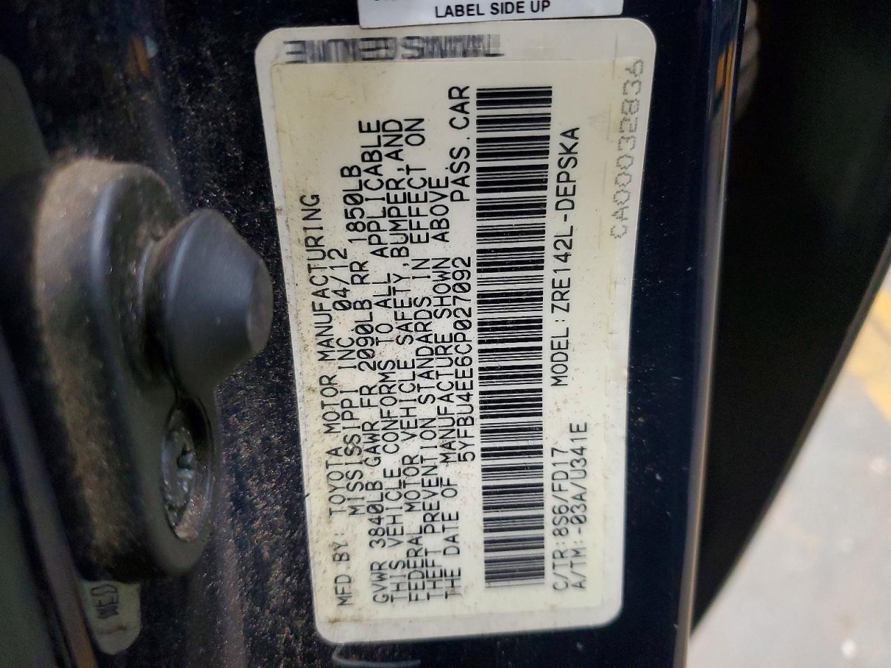 2012 TOYOTA COROLLA