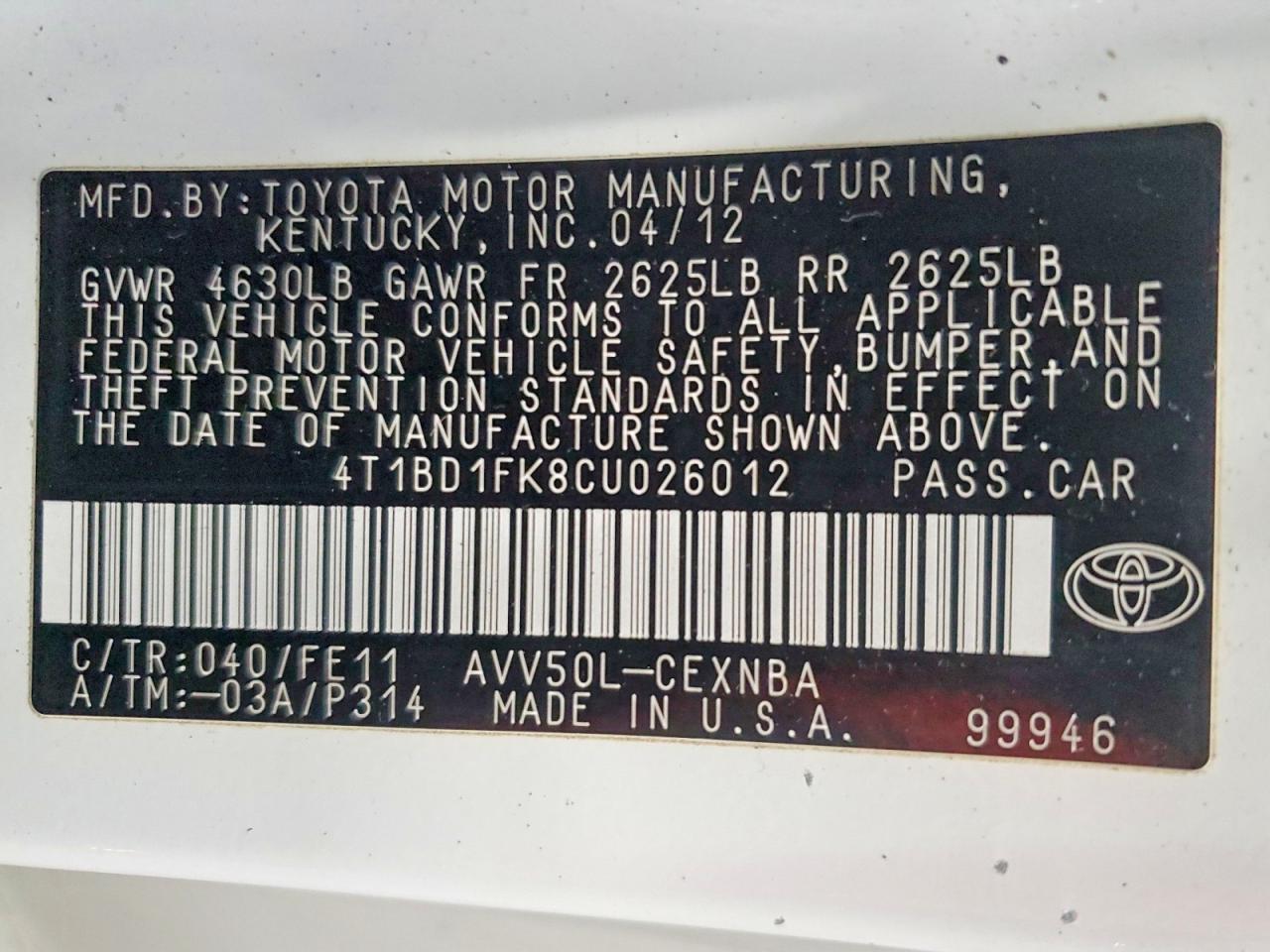 2012 TOYOTA CAMRY