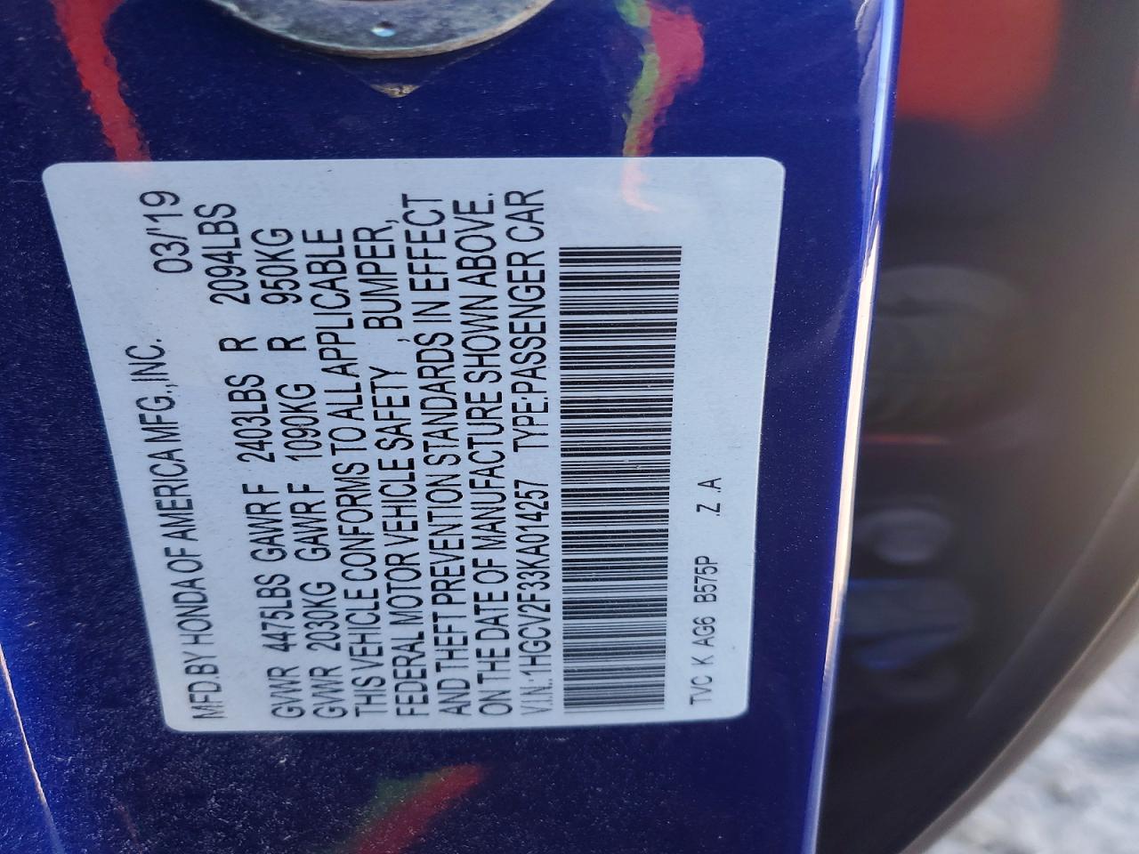 2019 HONDA ACCORD