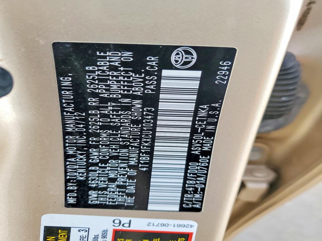 2012 TOYOTA CAMRY