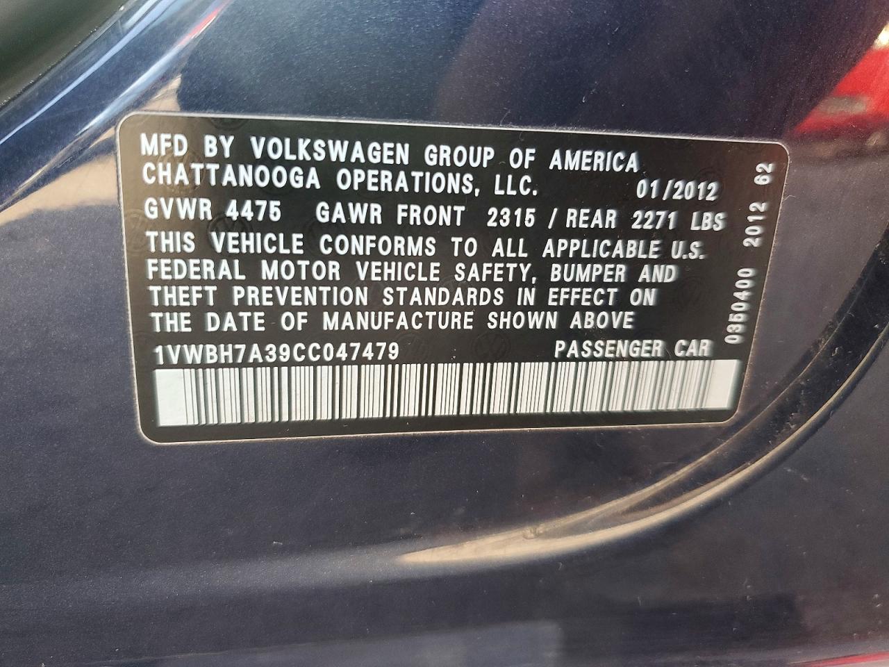 2012 VOLKSWAGEN PASSAT