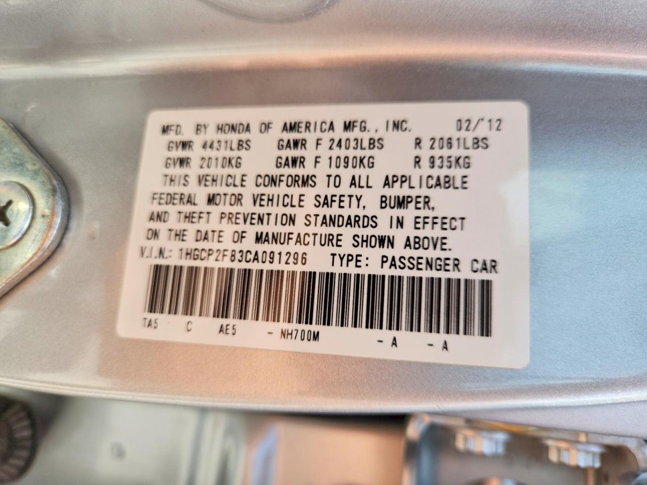 2012 HONDA ACCORD
