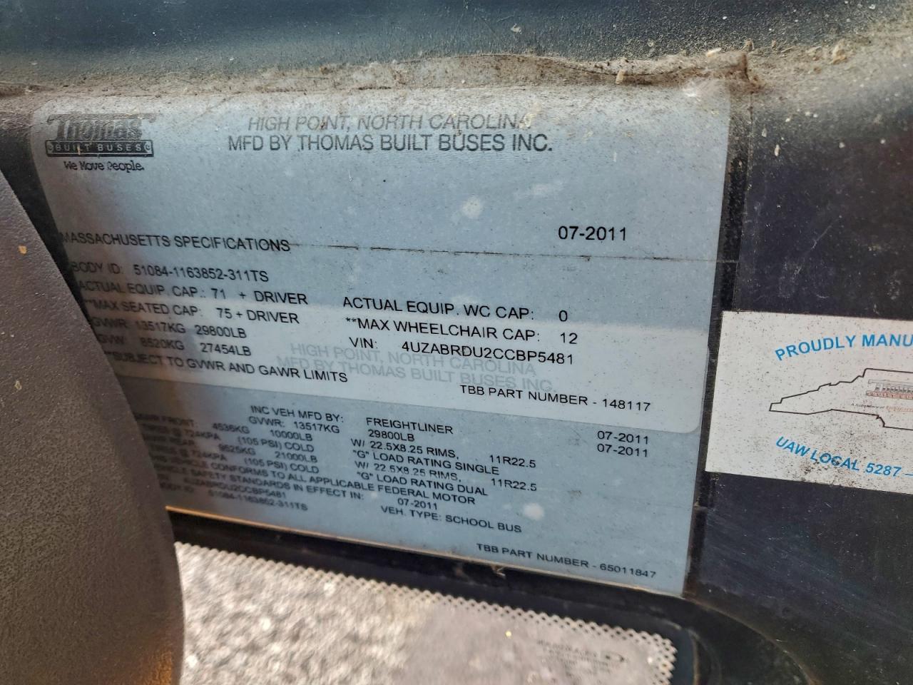 2012 FREIGHTLINER SAF-T-LINE