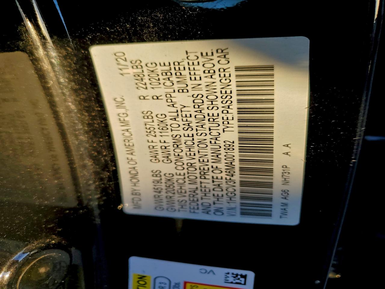 2021 HONDA ACCORD