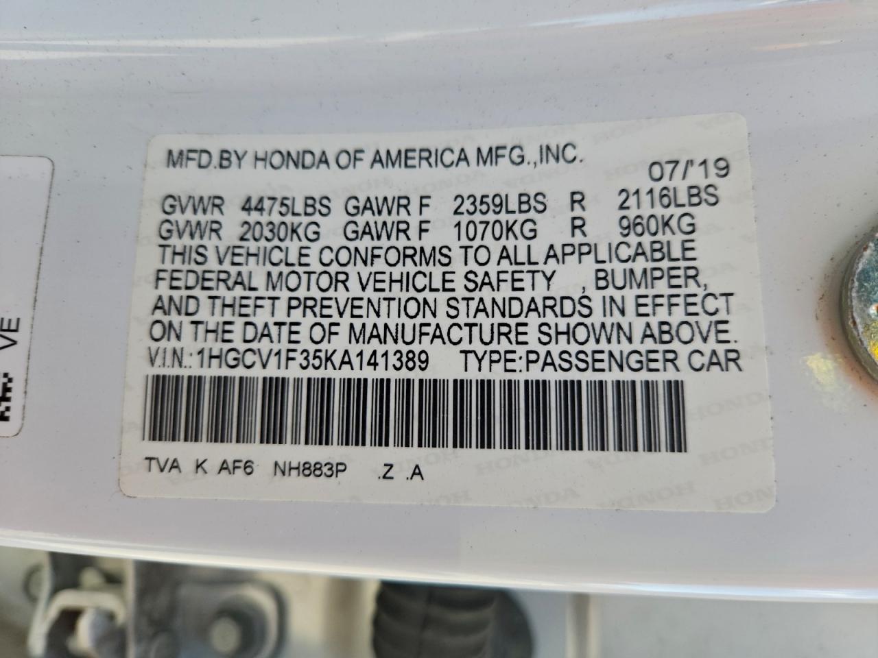 2019 HONDA ACCORD
