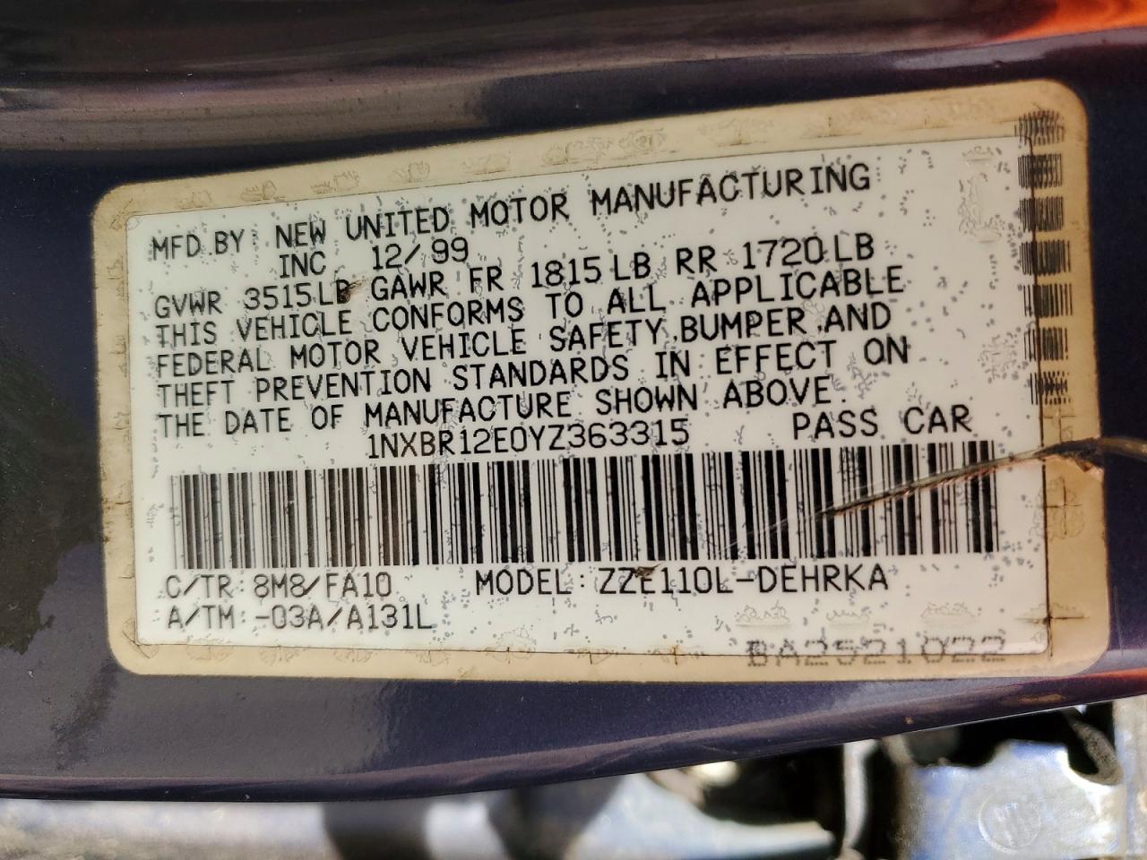 2000 TOYOTA COROLLA